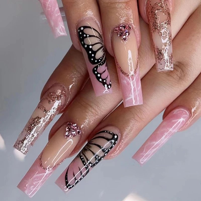 Agreedl Pink Marble Smudge False Nails Glitter Rhinestone Butterfly Design Long Ballet Press On Nails Detachable Fake Nail Tips