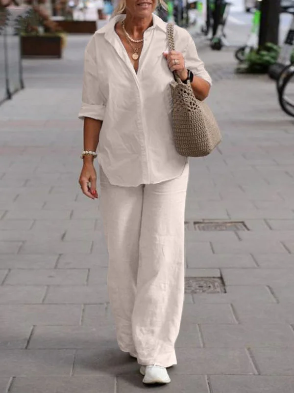 Women's Loose Casual V-Neck Long-Sleeved Solid Color Linen Suit