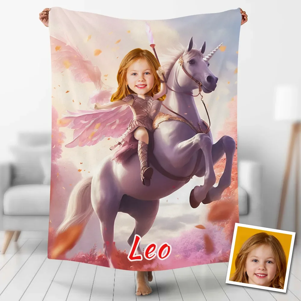 Custom Blankets Personalized Girl Riding Unicorn  Blankets