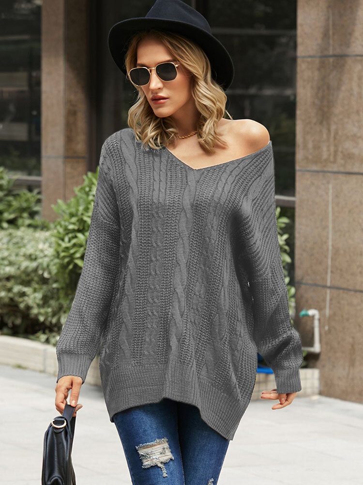 Solid Drop Shoulder Loose Long Sleeve V-neck Sweater - Shop Trendy Women's Clothing | LoverChic