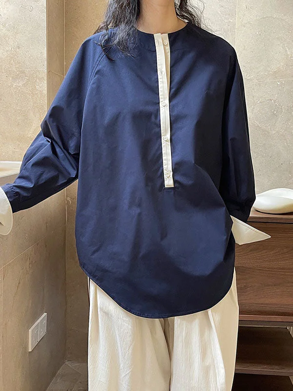 Casual Navy Round-Neck Contrast Color Buttoned Long Sleeve Blouse