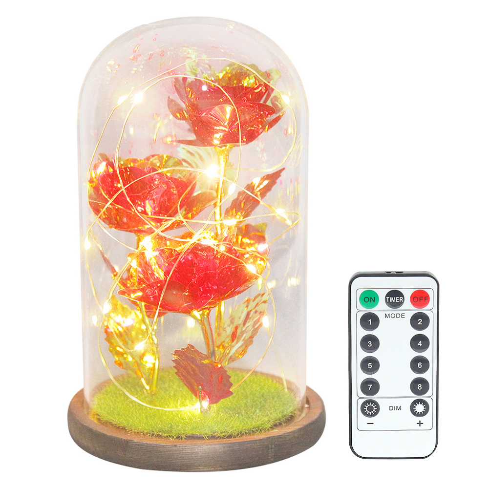 

3 Heads Artificial Gold Foil Rose in Glass Dome LED Light for Valentine Day, Blue, 501 Original