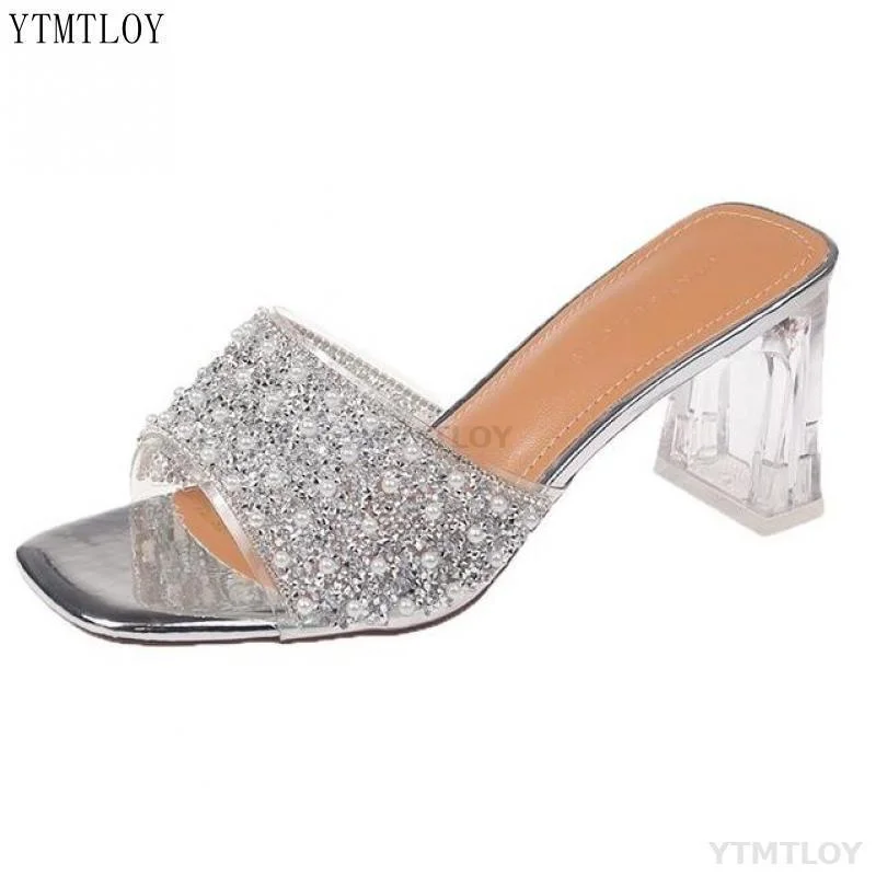 Women's Slipper Summer New Shoes Pearls Open Toe Comfort Pvc Sexy Ytmtloy Square Heel Zapatillas Casa Mujer