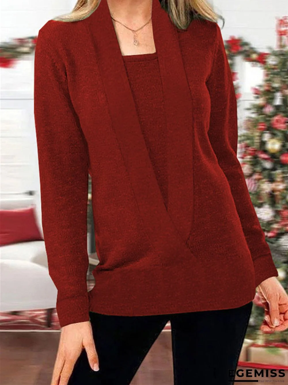 Women's Casual Solid Color V-neck Long-sleeved Knitted Sweater | EGEMISS