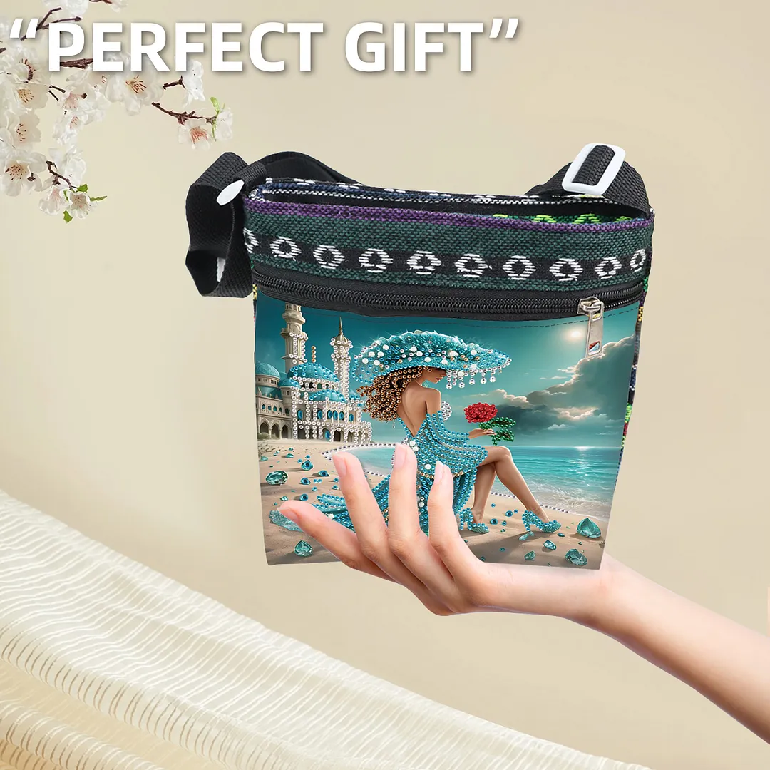 Beach Lady DIY Canvas Diamond Art Painting Crossbody Bag Ethnic Style Crystal Rhinestone Art Handbag with Adjustable Strap for Adults Beginners Shopping Gift
