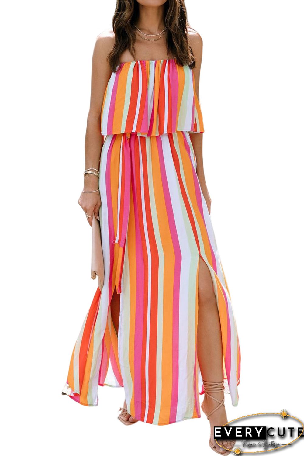 Stripe Overlay Strapless Maxi Dress with Slits