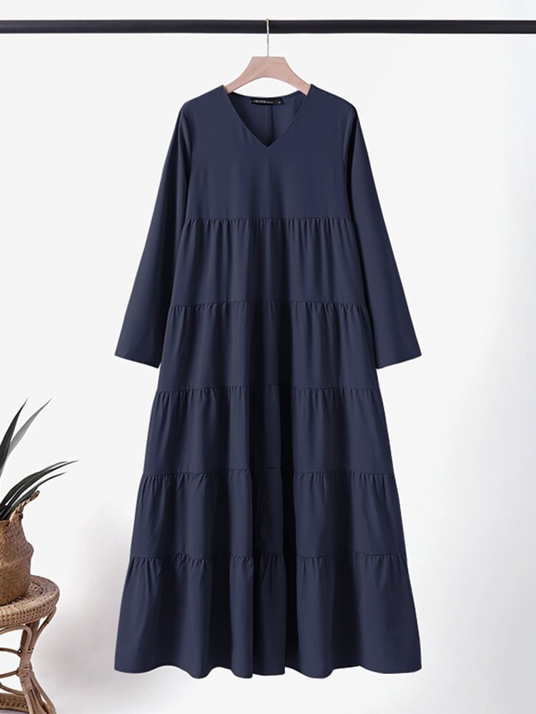 Solid V-neck Tiered Long Sleeve Casual Maxi Dress
