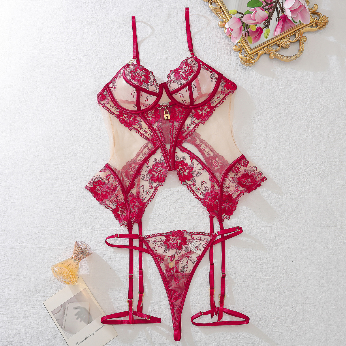 Lovingerie - See-through Embroidery padlock charm Mesh Body Shaping Sexy Lingerie Set