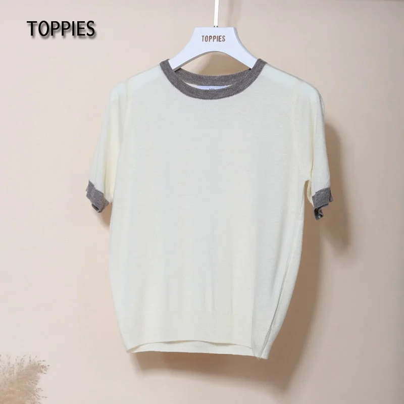 Toppies Summer Knitted T-shirts Women Short Sleeve Tops Tee Contrast Color Slim T-shirts O-neck Clothes