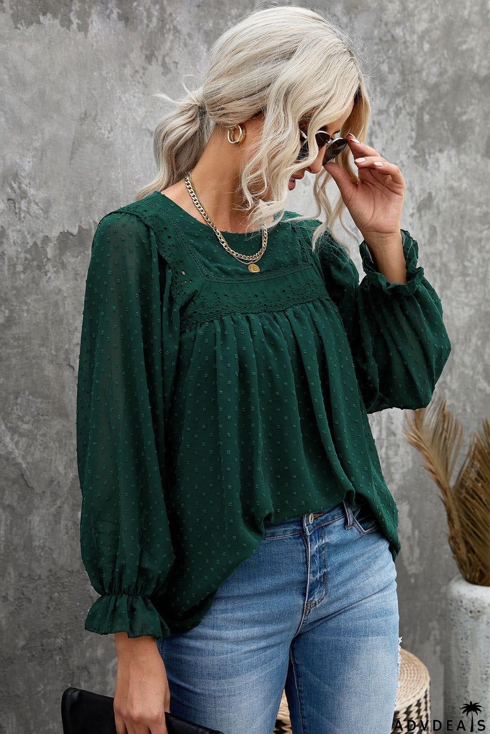 Swiss Dot Hollow Out Ruffle Sleeve Blouse