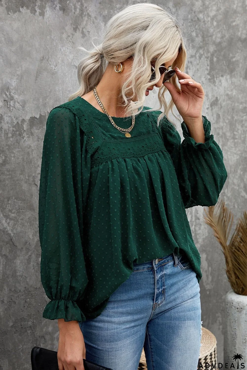 Swiss Dot Hollow Out Ruffle Sleeve Blouse