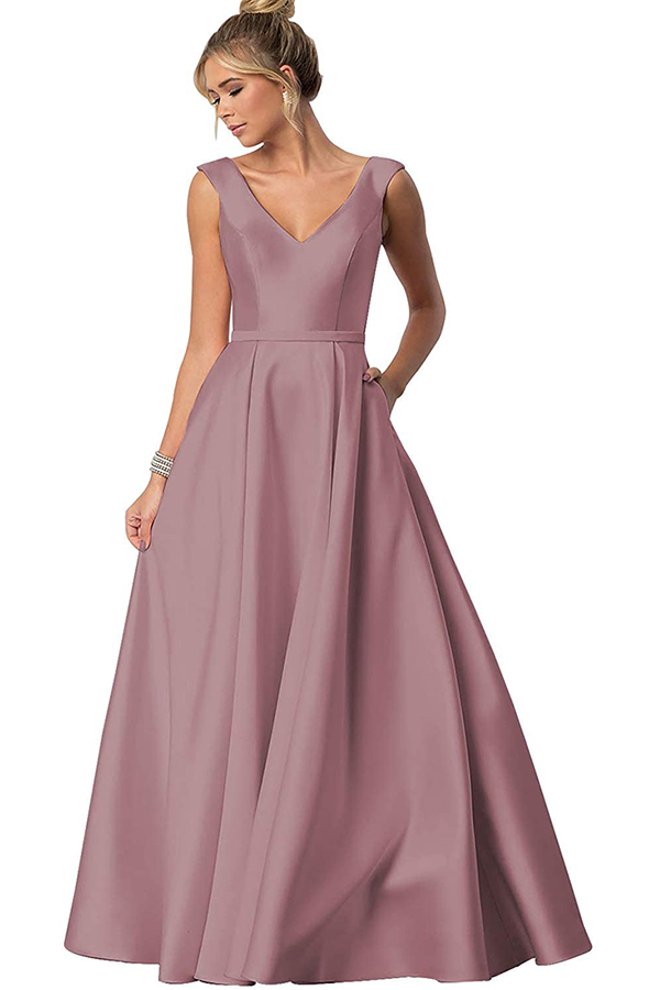 V-Neck Sleeveless Pockets Bridesmaid Dress