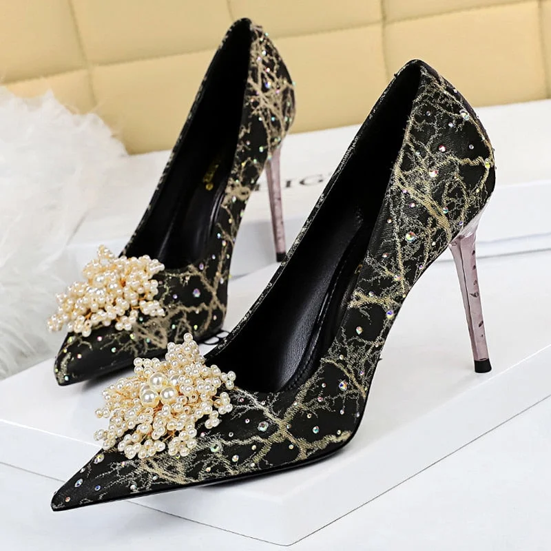 BIGTREE Shoes Pearl Flowers Woman Pumps Rhinestone High Heels 2022 New Luxurious Women Heels Stiletto Large Size Ladies Pumps