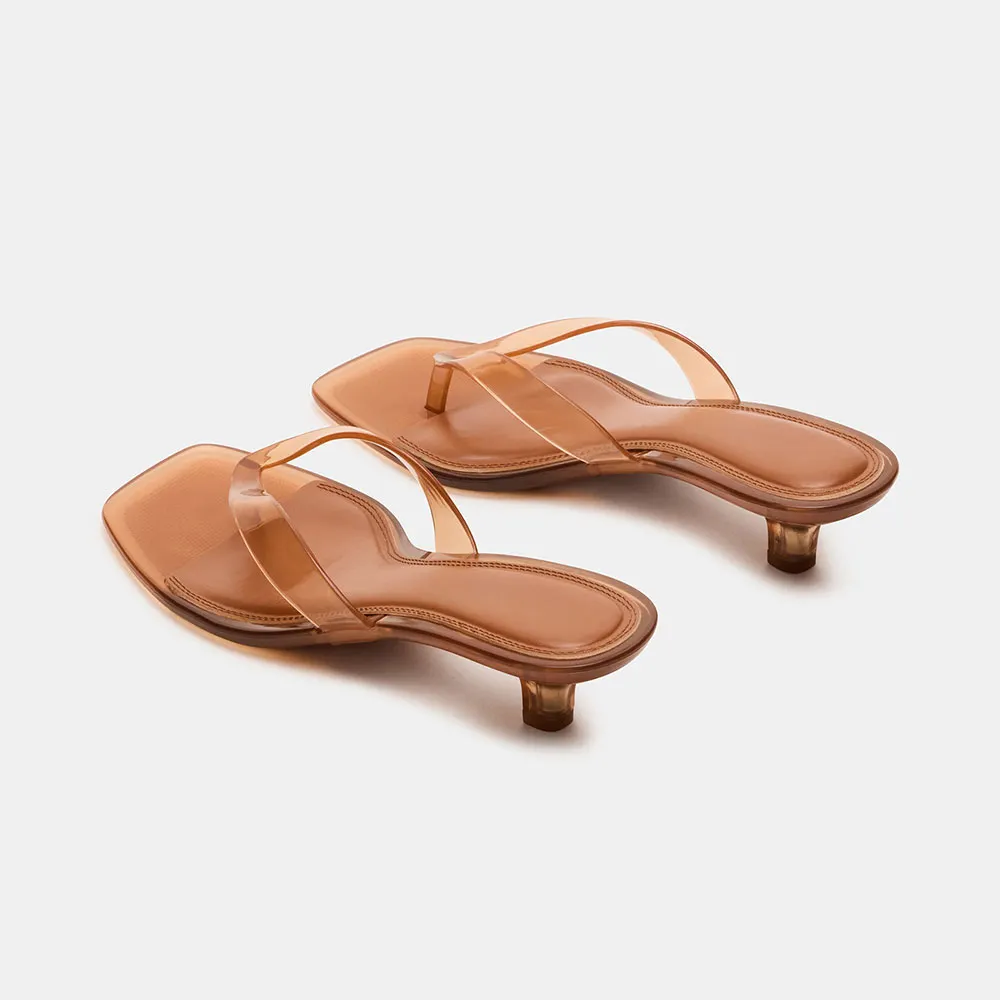 Brown Open Square Toe Slip-On Clear Sandals with Kitten Heel
