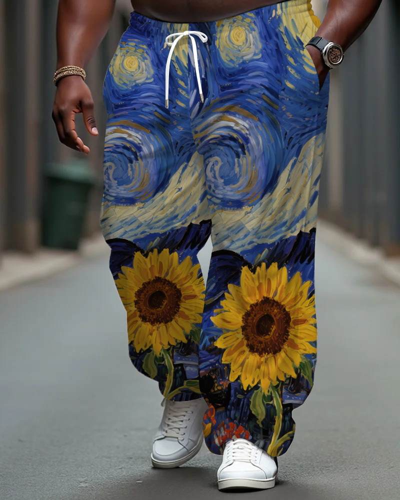 Big Men's Artistic Sunflower Under Starry Sky Oil Paint Printed Pocket Drawstring Casual Pants