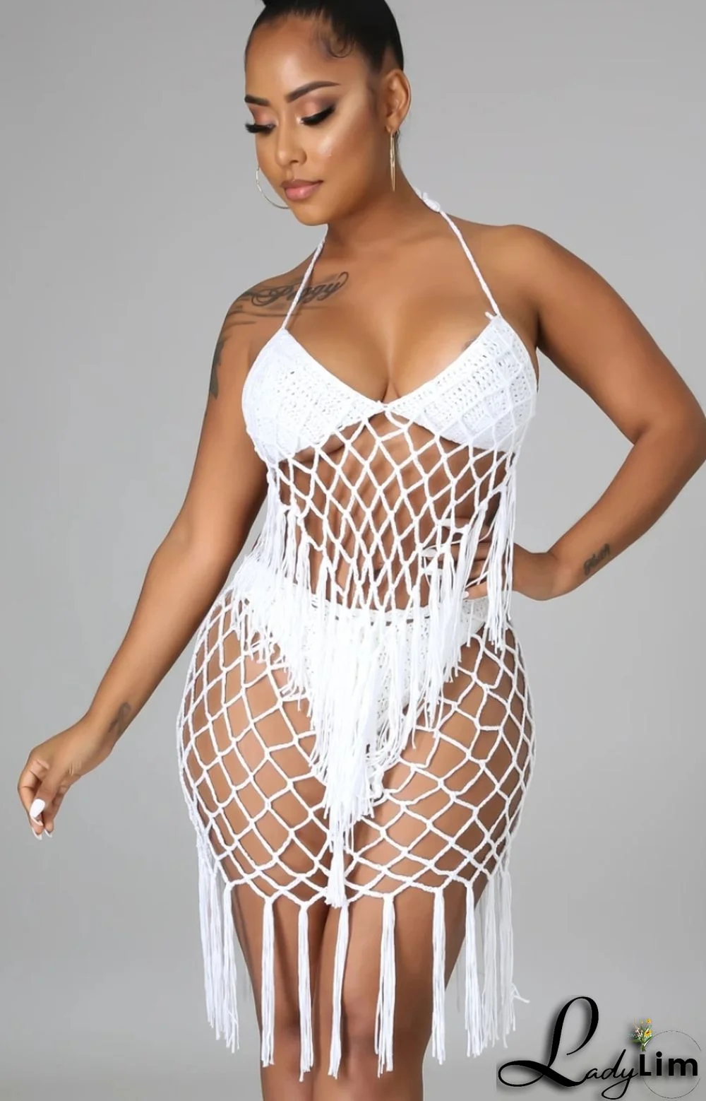 Summer White Beachwear with mesh tassel covered up 2 piece set