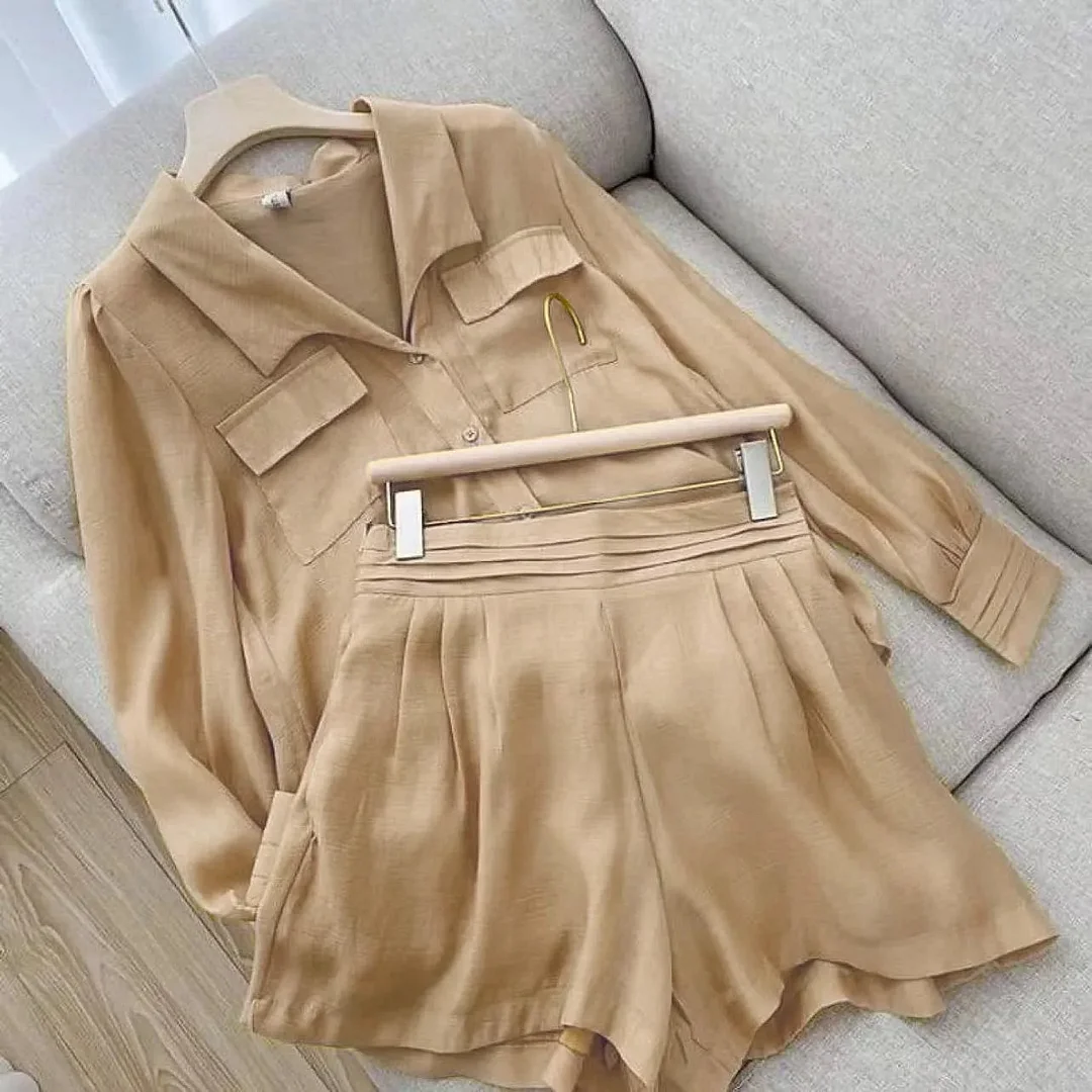 Oocharger Shirt Two Piece Set For Women Summer Shorts 2 Piece Sets Suits Solid Color Long Sleeve Shirt Short Casual Outfits Female