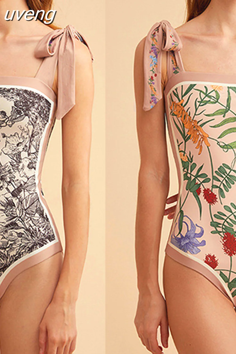 uveng New Fashion One Piece Swimsuit and Skirt Women Reversible Swimwear Luxury Bowknot Beach Dress Brazilian Bathing Suit Summer