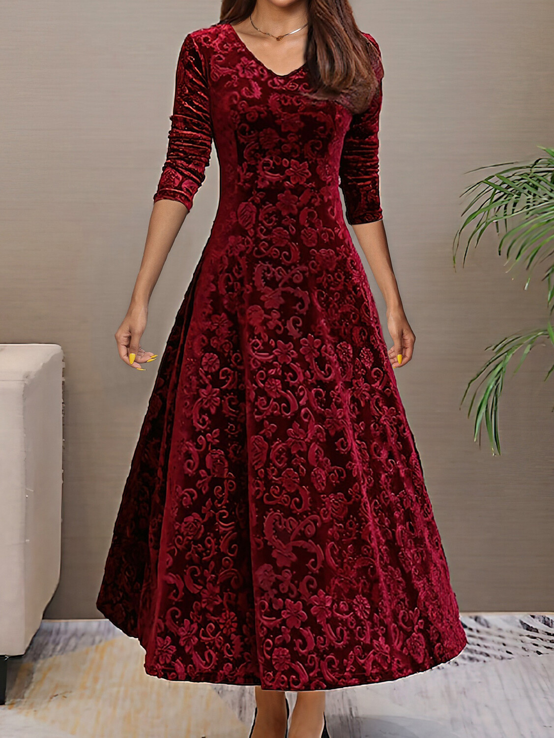 Elegant Velvet Jacquard V Neck Long Sleeve Midi Dress