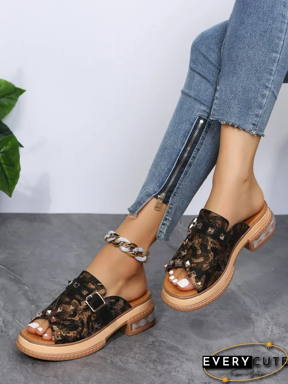 Urban Studded Snake Print Chunky Heel Slippers