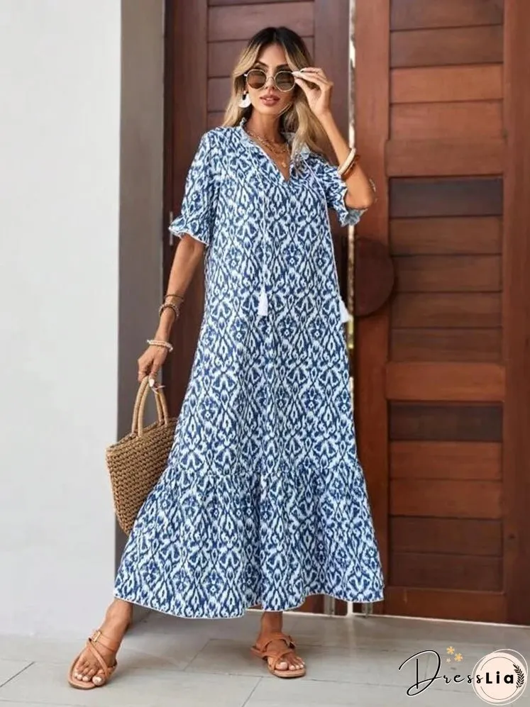 Spring Summer Boho Women Maxi Dress Casual Short Sleeve A-eline Flounce Beach Woman