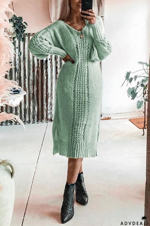 Hollow V Neck Long Sleeve Sweater Dress