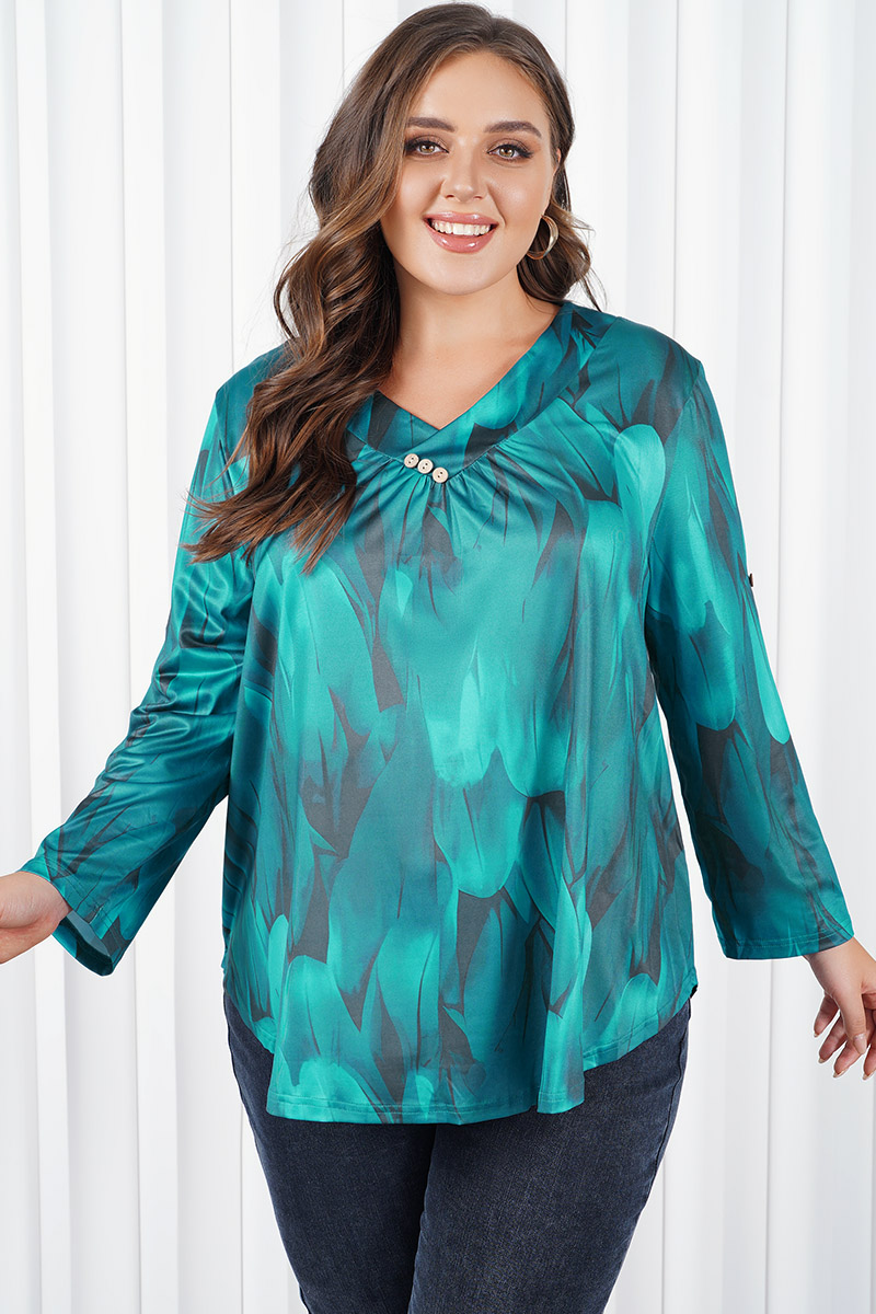 Flycurvy Plus Size Casual Green Print Decorative Button 3/4 Sleeve Blouses