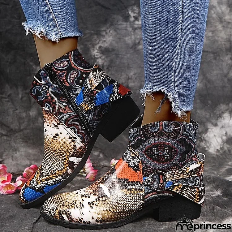 Soft Colorful Snakeskin Metal Buckle Block Heel Ankle Boots