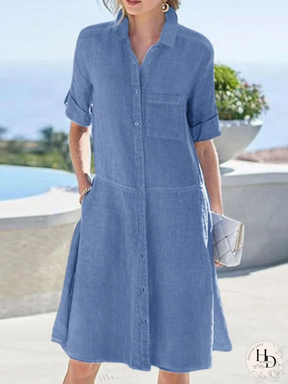 Women Solid Lapel Button Up Shirt Dress With Sleeve Tabs