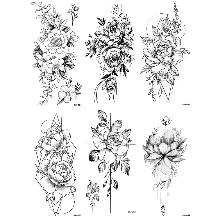 6 Sheets Black Penoy flower Sketch Temporary Tattoo Sticker