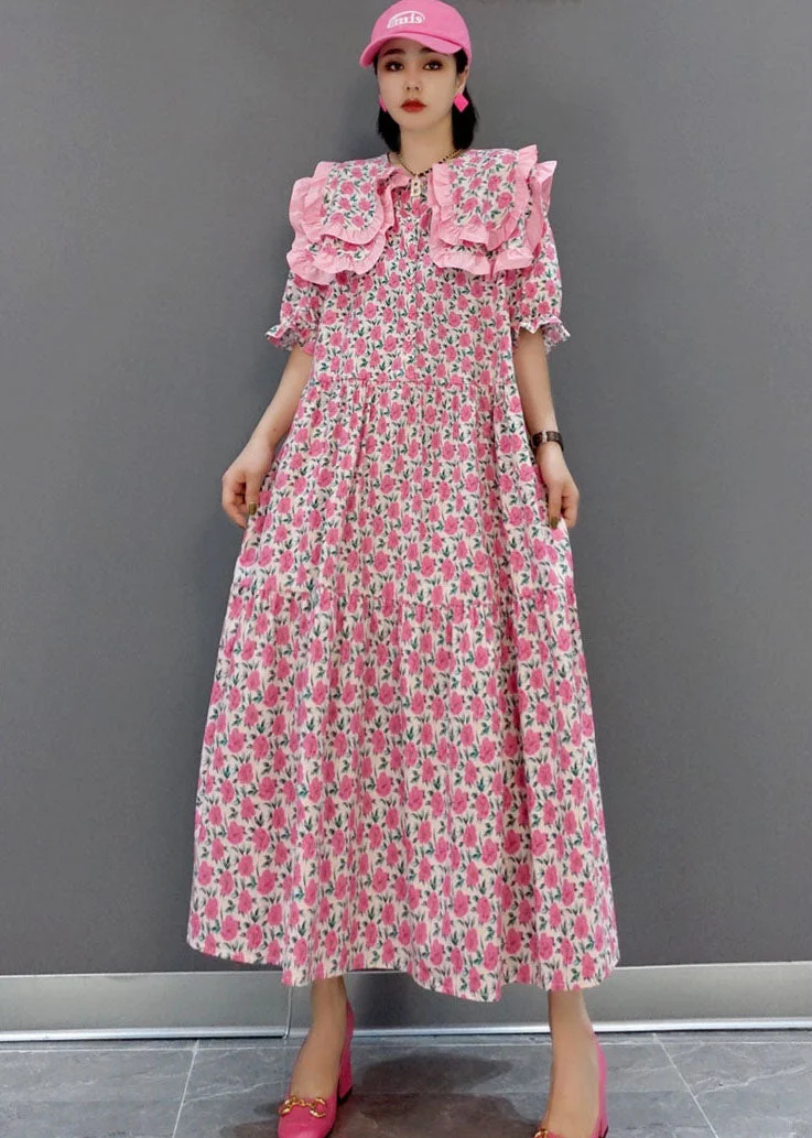 Pink Print Patchwork Cotton Maxi Dresses Half Sleeve