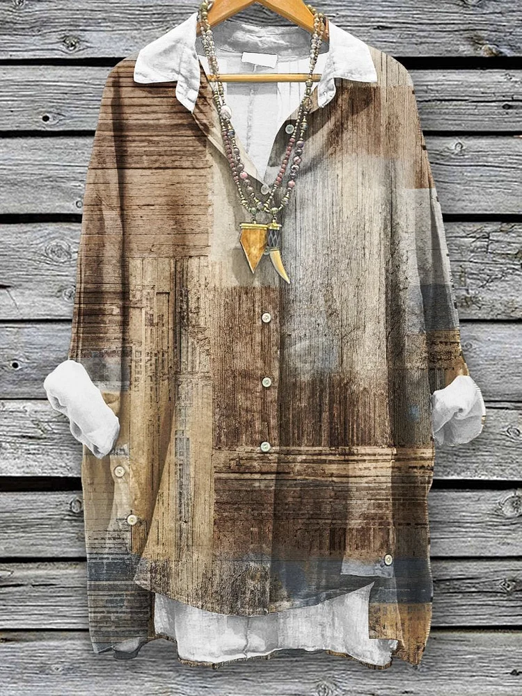 Women's Vintage Rock Texture Pattern Art Print Casual Cotton And Linen Shirt