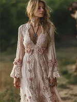 Vintage Boho Pink Roses Lace Art Linen Maxi Dress