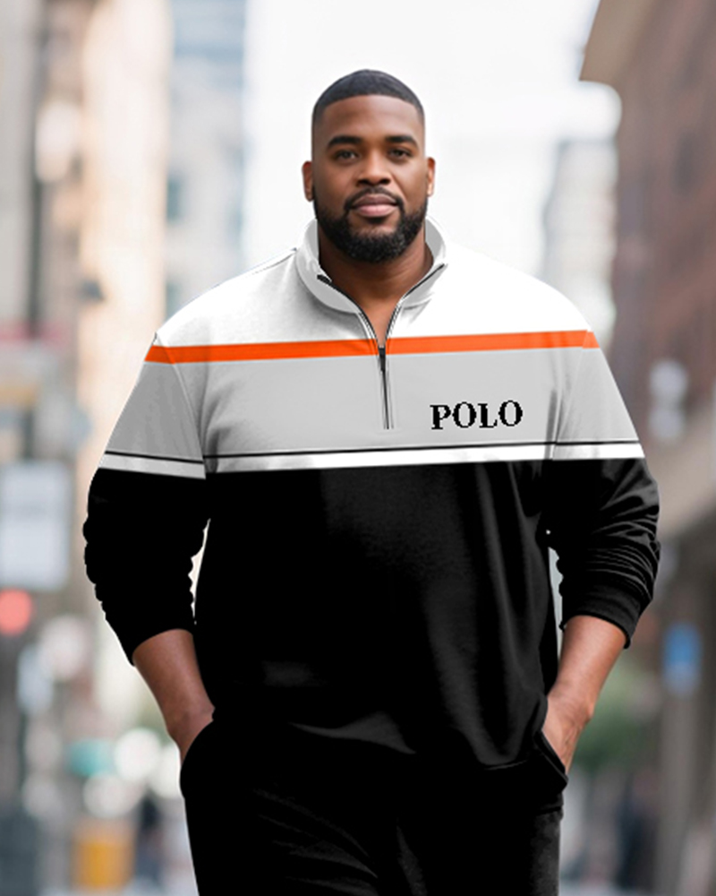 Big & Tall Men's Striped Contrast Printed POLO Collar Zipper Long Sleeve Pants Two-Piece Set