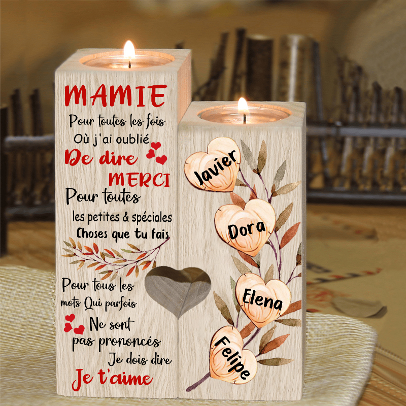 À Ma Mamie - Bougeoir en Bois 4 Prénoms Personnalisés sans bougie