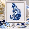 Blue And White Porcelain-Cat-Partial 11CT Stamped Cross Stitch Bead Embroidery 36*36cm tapestrymarket