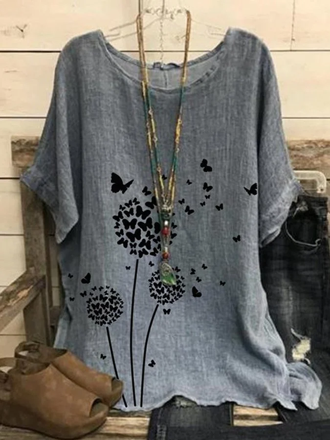 Women's Dandelion Butterfly Print Casual Cotton Shirt