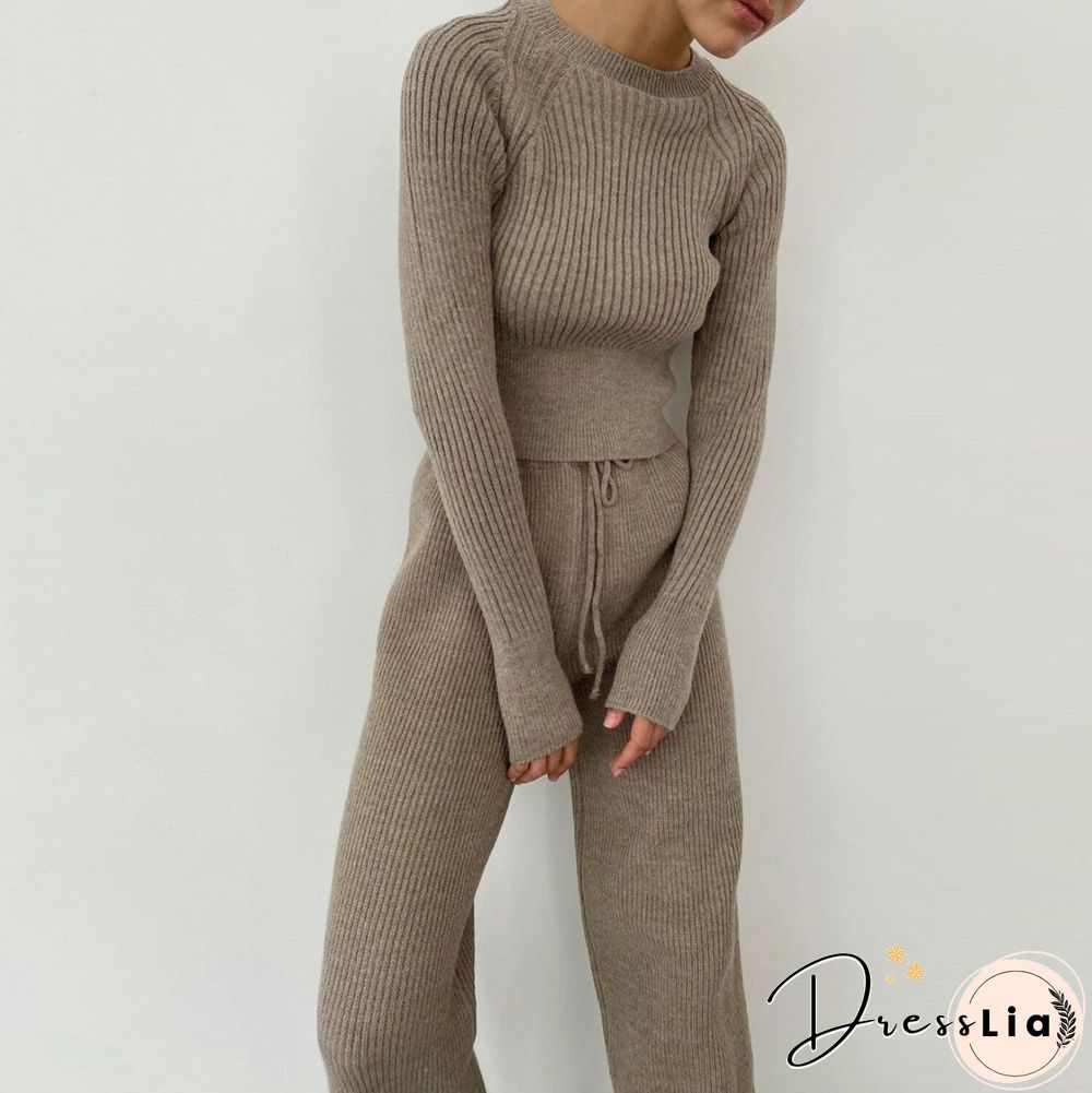 Women 2 Piece Sets Womens Outfits Women's Wide Legged Pants Long Sleeve Clear Color Warm Sweater Set Women Two Piece Set
