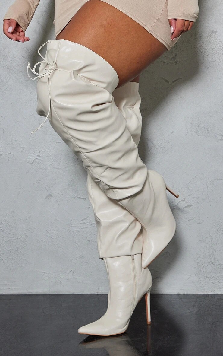 VCSHOES Women's Over-the-knee Boots White Pointed Toe Thin Heels Female Shoes Lace Big Calf Long Boots 44