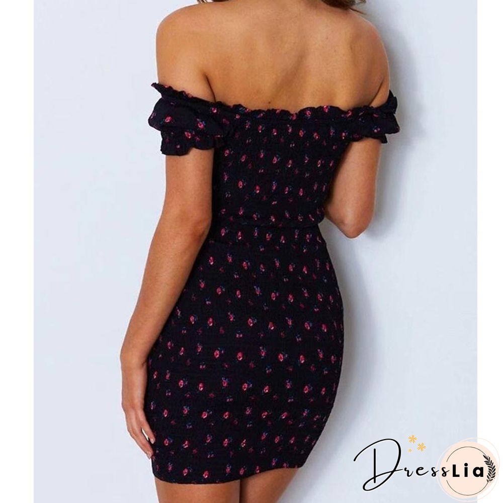 Women Floral Wrap Dress Off Shoulder Tie Up Front Ruffle Mini Dress Summer Office Lady Slash Neck Printed Pencil Dress