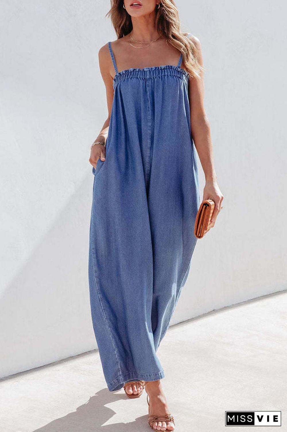 Casual Street Solid Pocket Strapless Loose Jumpsuits