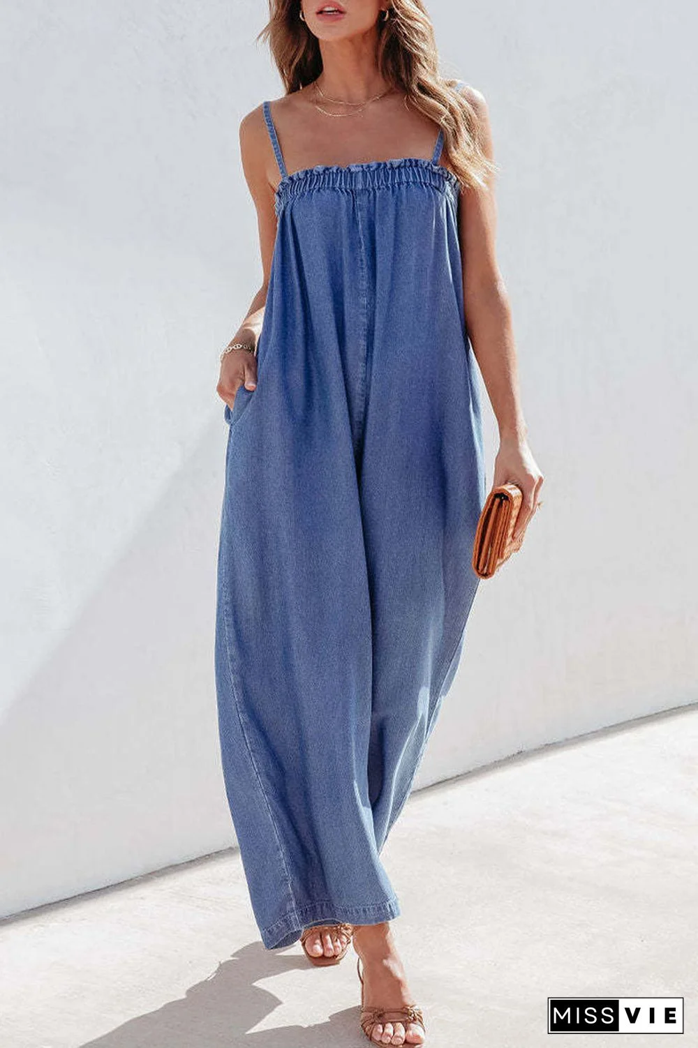 Casual Street Solid Pocket Strapless Loose Jumpsuits