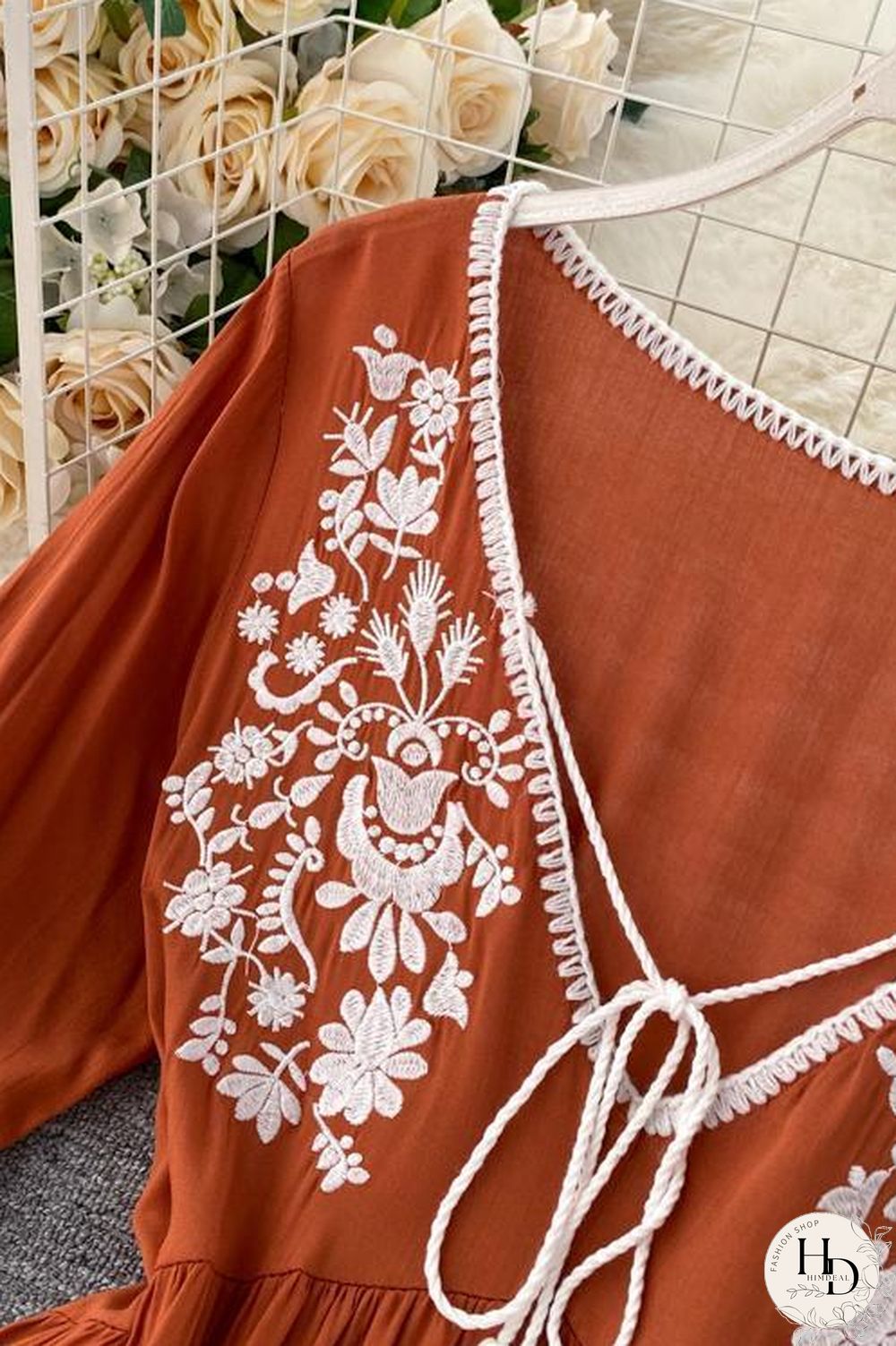 Embroidery Flares Sleeve Maxi Dress