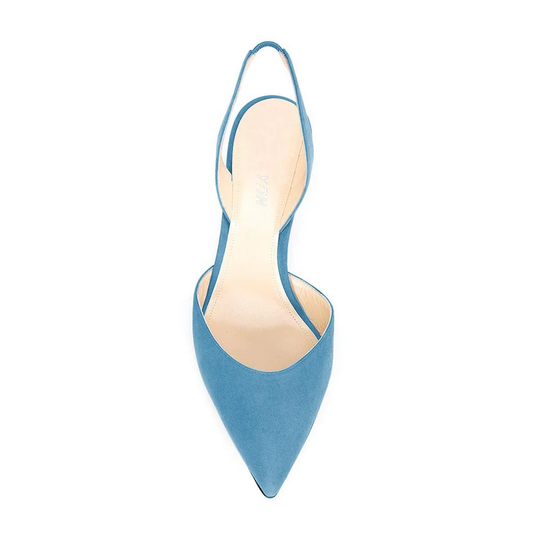 Blue Faux Suede Pointed Toe Slingback Classy Kitten Heel Pumps