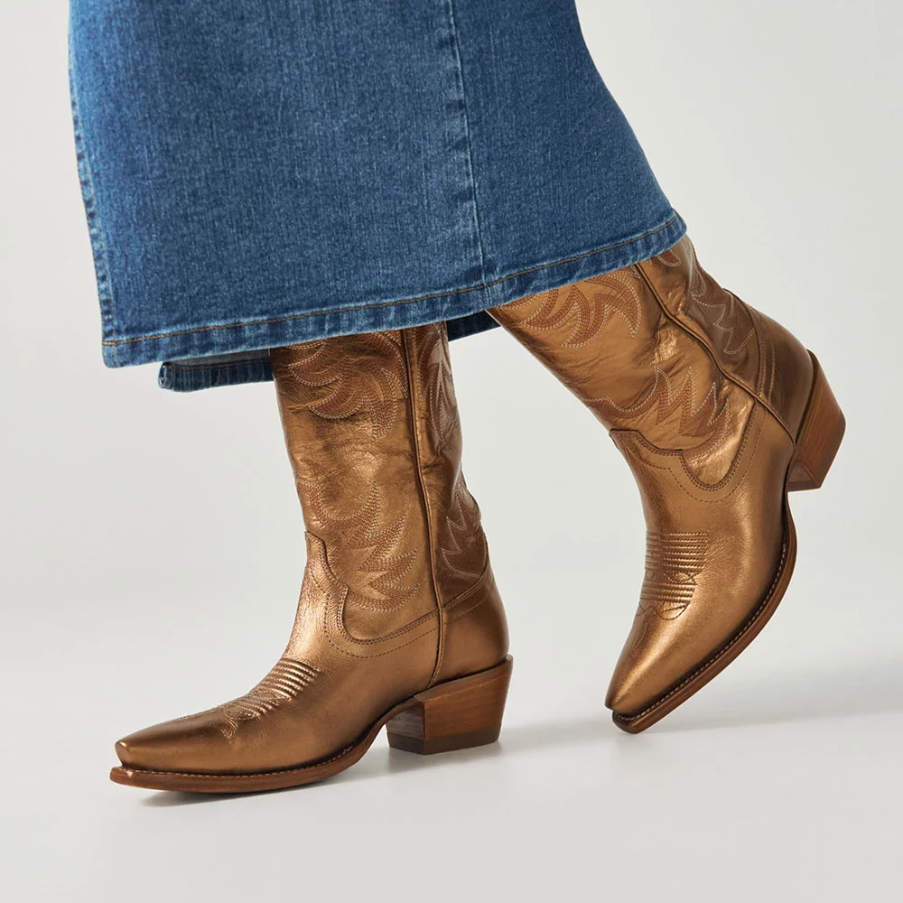 Gold Snip Toe Chunky Heel Pull Tab Western Boots with Embroidered