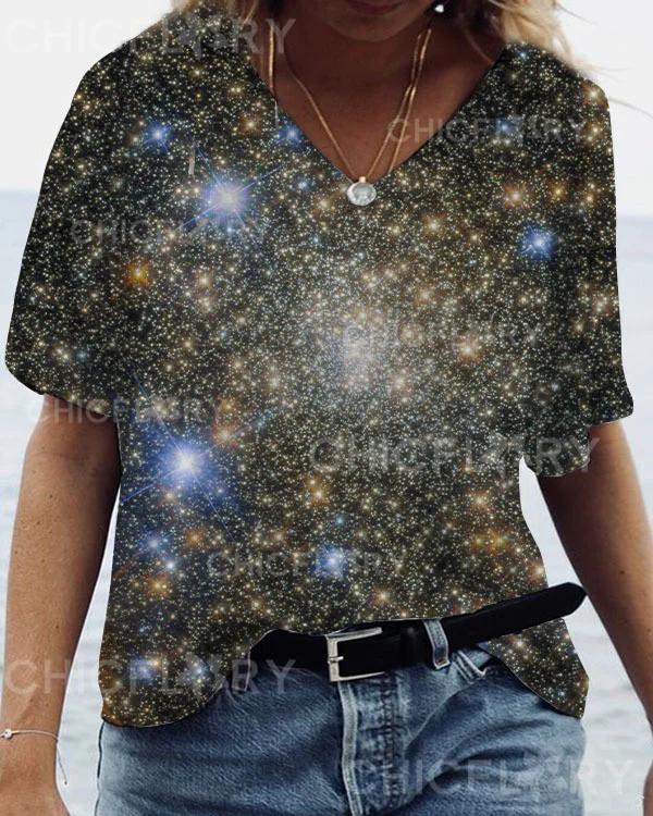 Women's Art Star Print  Casual V-Neck  Top
