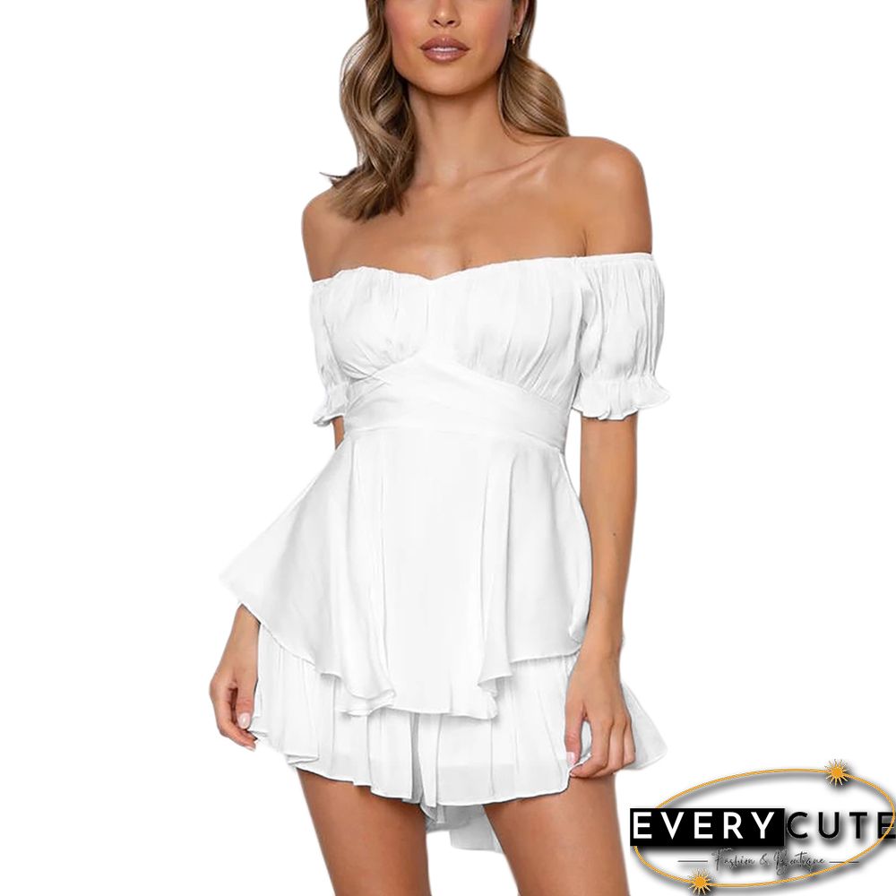 White Off Shoulder Ruffle Sleeve Romper