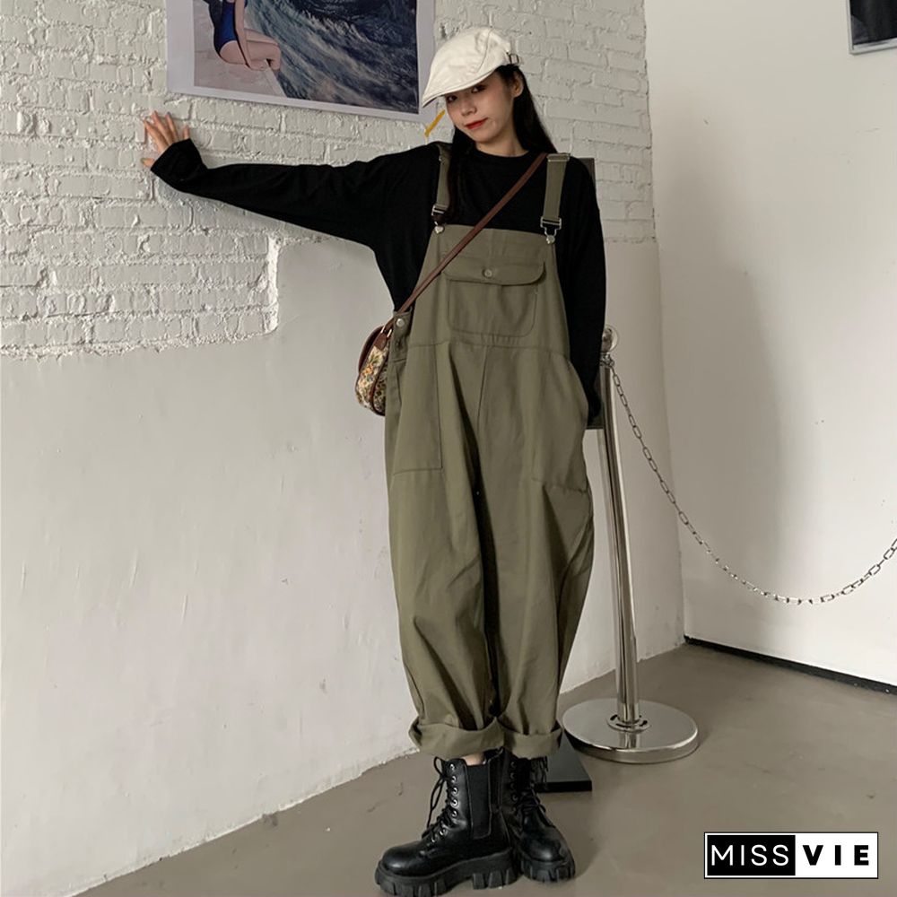 Cool Loose Pure Color Shirt Overalls Set