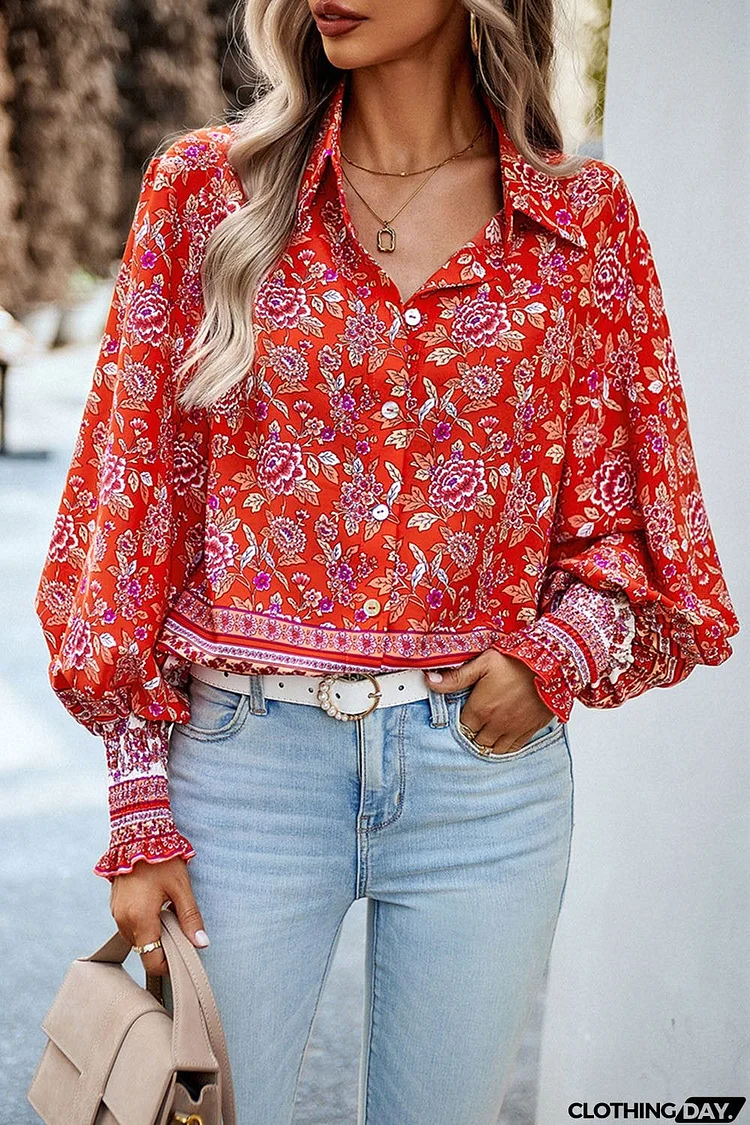 Printed Collared Neck Smocked Lantern Sleeve Shirt