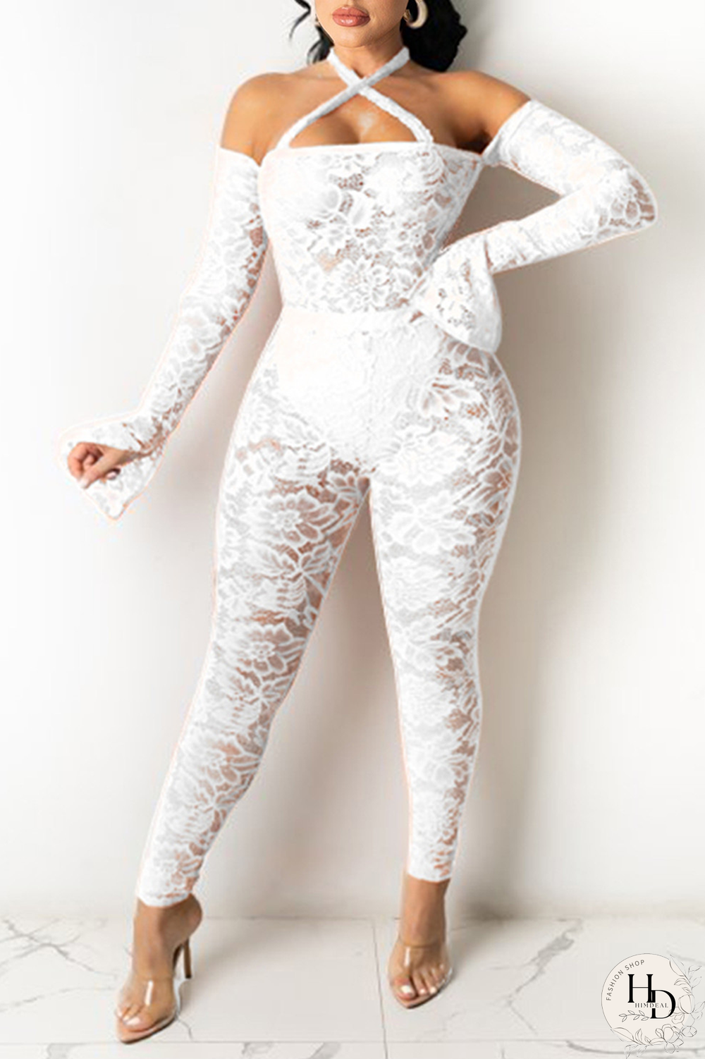 White Sexy Patchwork Bandage Slit Off the Shoulder Skinny Jumpsuits